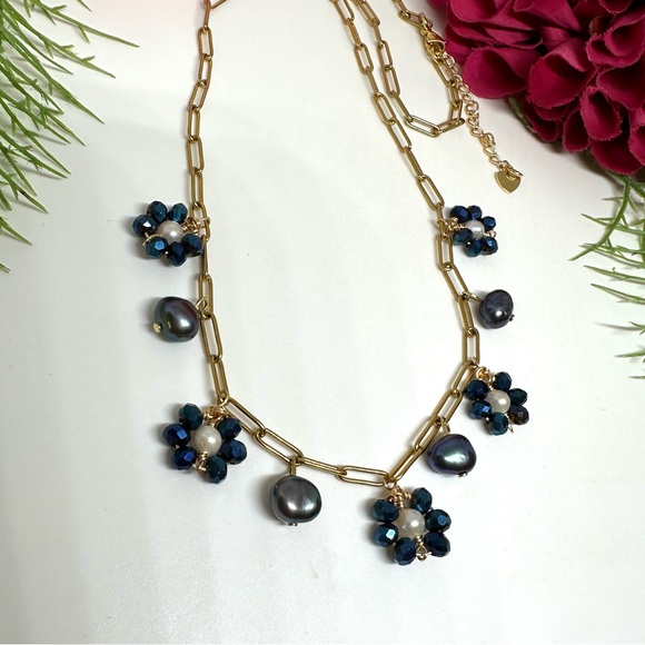 NEW⚜️Freshwater Tahitian Pearl & Crystal Flower Charm Necklace - Picture 2 of 9